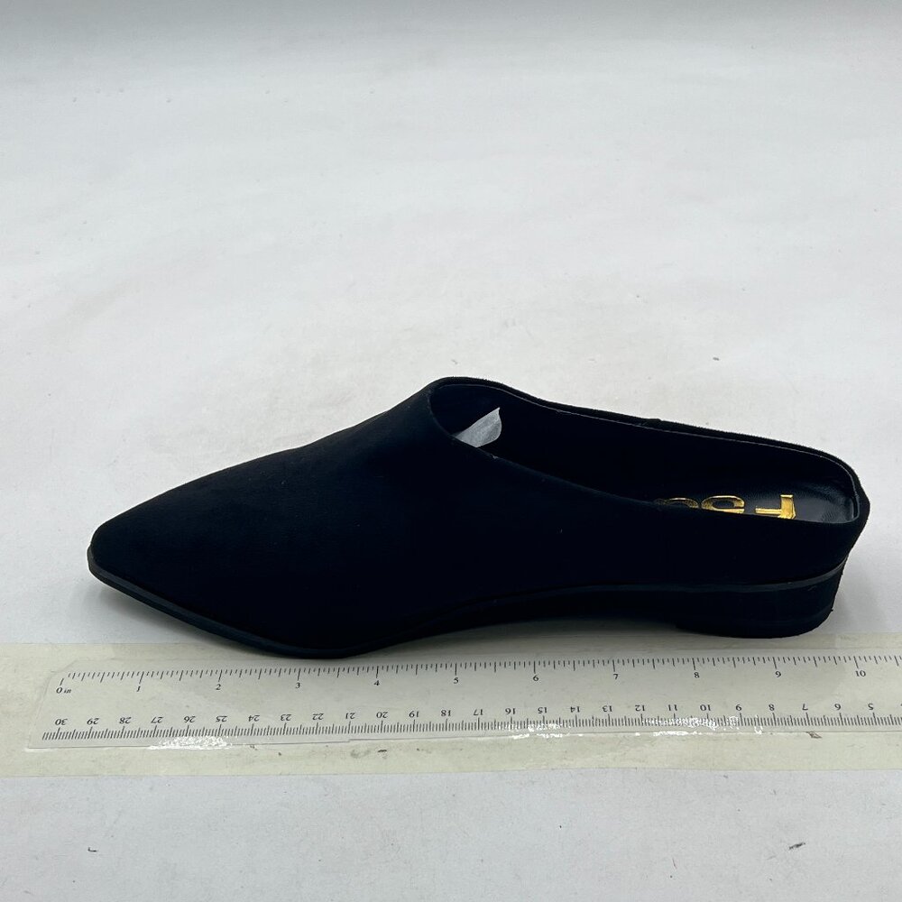 FSJ Black Suede Low Heel Sandal Slip On Mule Summer Pointed Toe Pom Pom Shoes